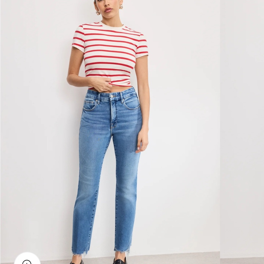 Good American Good Legs Straight Mid Rise Denim Size 00/24 NWT Inseam. 27.5 Blue
